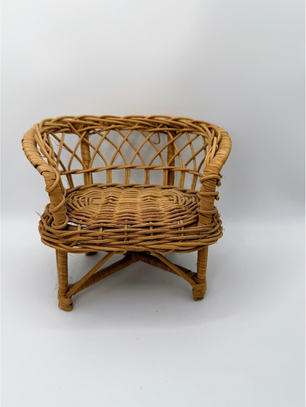 1:6 Scale Vintage Rattan Wicker Barrel Chair Dollhouse Boho Miniature Furniture